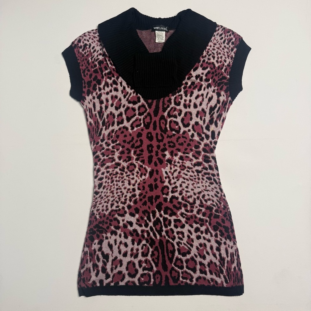 Wet Seal Y2K Cowl Collar Leopard Animal Print Knit Short Sleeve Sweater Grunge